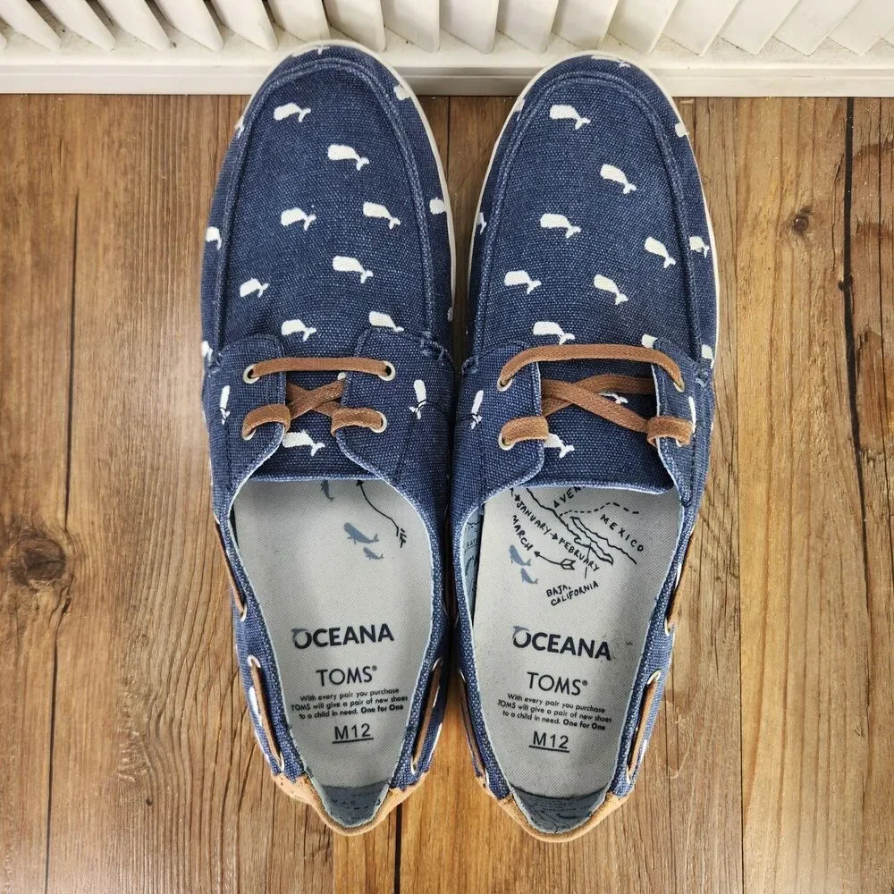 Toms Oceana Whale Print Boat Shoes Men's 12 Blue Canvas Casual Comfort Dockside